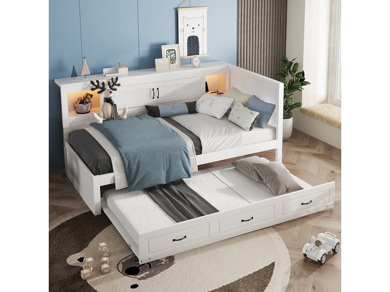  Lit daybed 90x200 cm blanc avec led, tiroirs de rangement, lit gigogne, usb - sans matelas  - Conforama B