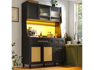 Armoire haute de cuisine avec porte coulissante en pe-rattan,éclairage led,étagères réglables et 3 tiroirs,noir,multifonctionnelle et anti-basculement