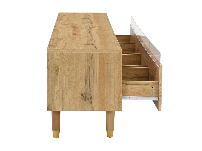  Meuble tv 4 portes et table basse 2 tiroirs, bois doré, façade ondulée, éclairage led intégré  - Conforama D