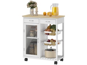 Desserte de cuisine à roulettes plateau bambou porte vitrée blanc 67 x 35 x 80 cm