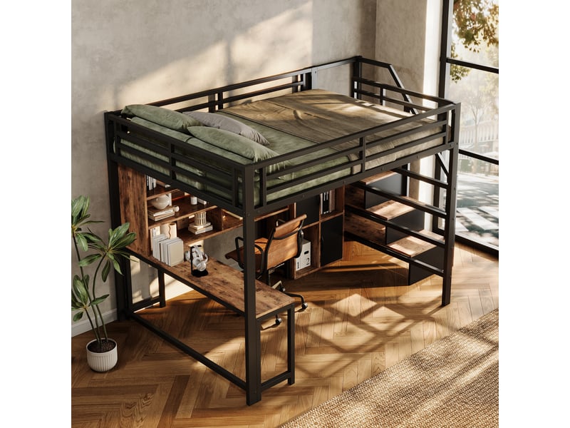 Lit mezzanine 140x200cm avec échelle de rangement, niche ouverte et ruban led, sans matelas, structure robuste en métal noir evarich - Conforama E