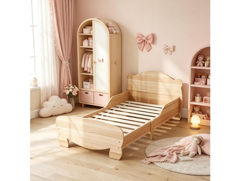  Lit simple enfant 70x140 cm en mdf coloris bois naturel avec barrières et motif ours  - Conforama B