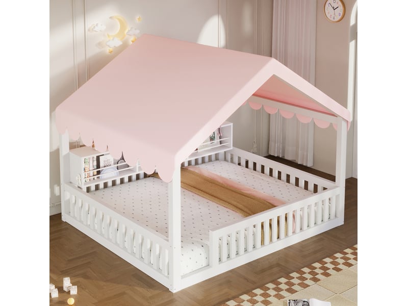  Lit cabane enfant 140 × 200 cm avec led, bibliothèque et barrière de sécurité, sans matelas, blanc  - Conforama B