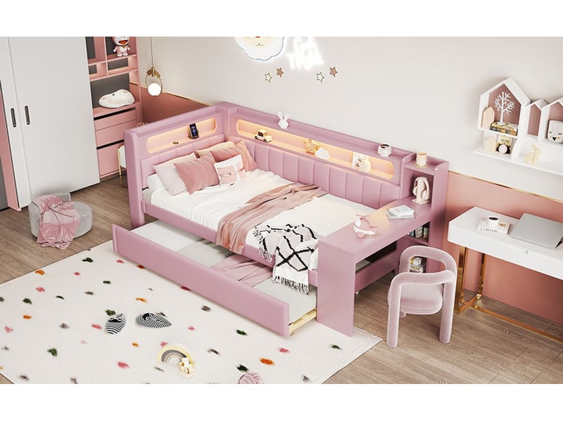  Lit gigogne 90 x 200 cm rembourré ports usb éclairage led bureau intégré rose  - Conforama A
