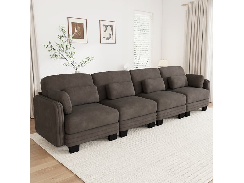  Canapé droit modulaire 4 places 330x88x88 cm, coussins lombaires et accoudoir, design ergonomique chenille marron  - Conforama B