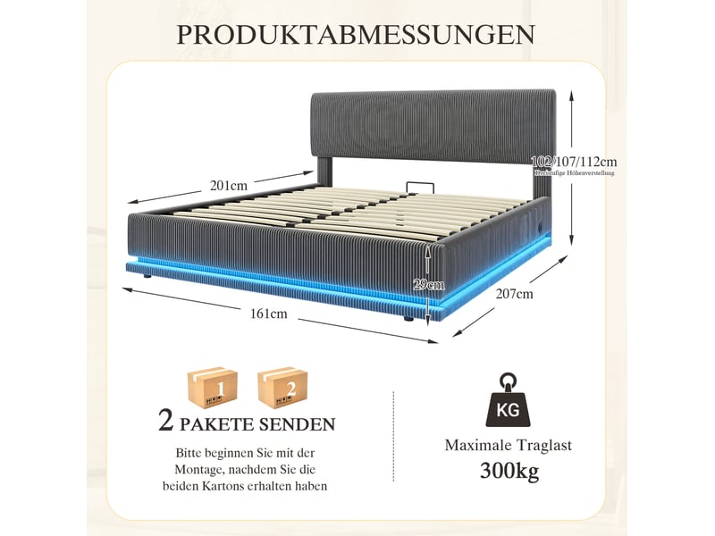  Lit coffre 160x200 cm gris foncé avec led, usb-c et tête de lit réglable  - Conforama C
