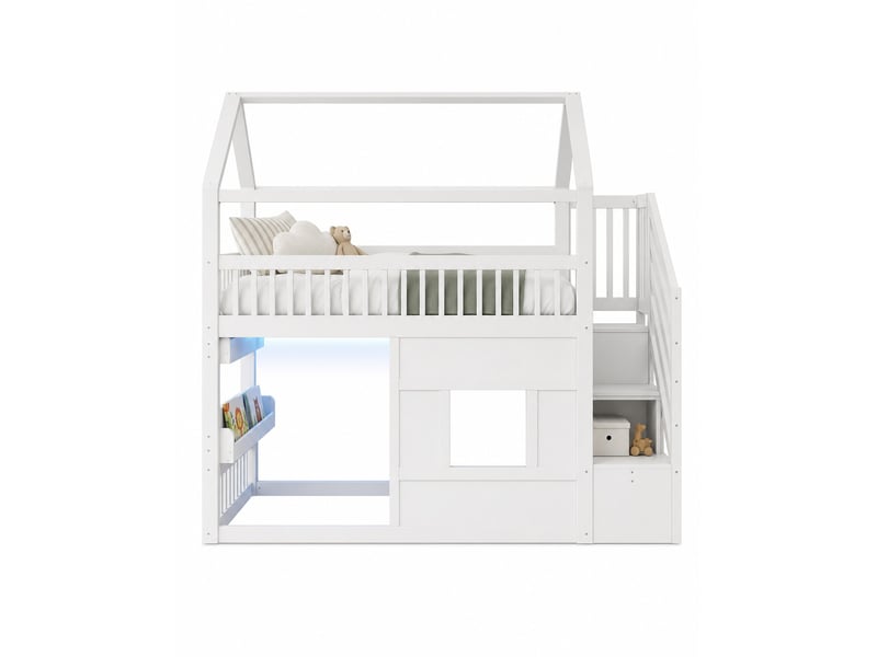  Lit mezzanine enfant simple 90×200 cm, escalier, rangement et led réglable - okmyhome- blanc, sans matelas  - Conforama A