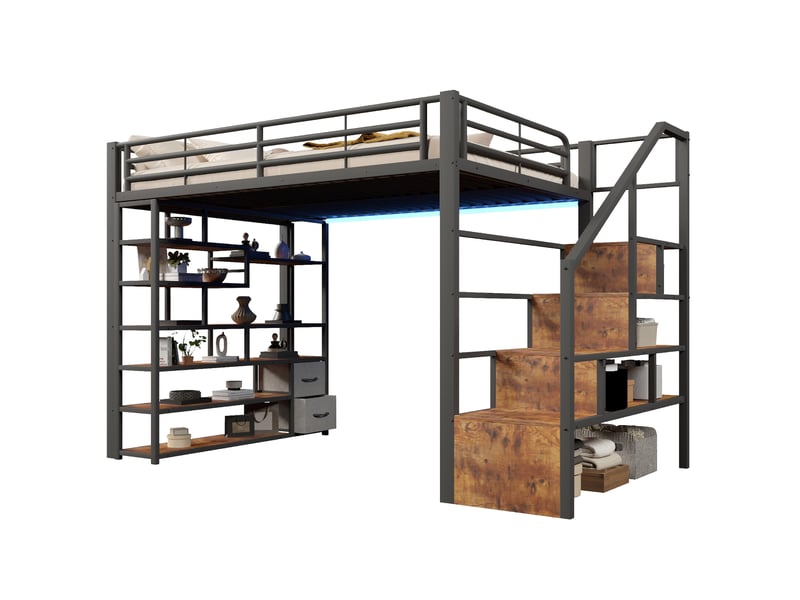  Lit mezzanine 140x200 cm led, rangements, marches, tiroirs tissu, garde-corps, métal mdf, noir sans matelas  - Conforama A