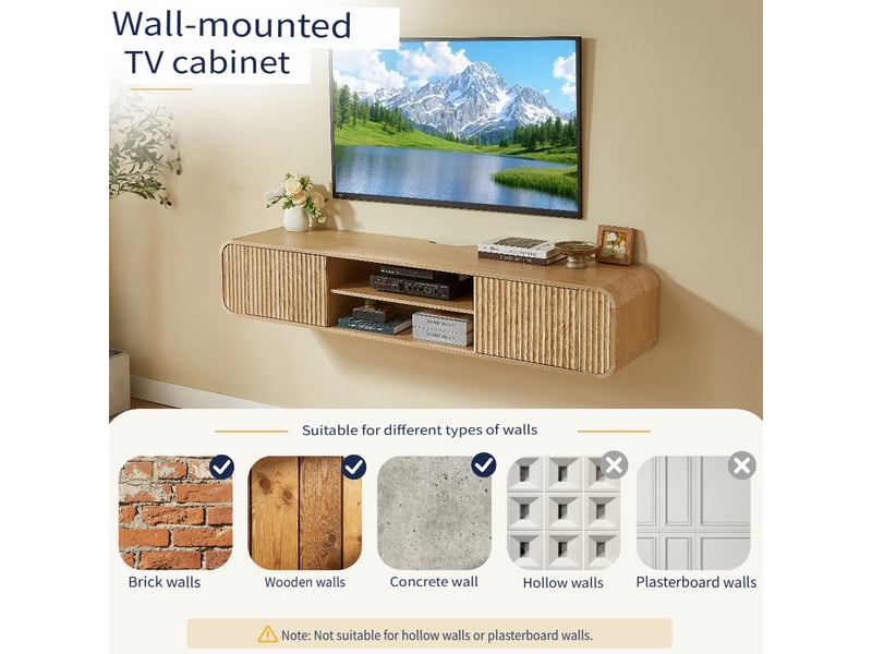  Meuble tv mural 160 cm avec compartiments ouverts et passe-câbles, finition naturelle  - Conforama C