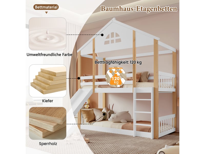 Lit cabane blanc et naturel 90x200 cm en bois massif, toboggan et échelle réversibles, fenêtres et espace libre dessous  - Conforama D