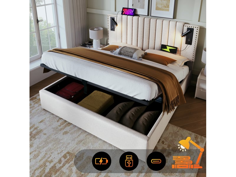  Lit coffre 160x200 cm avec liseuse, charge usb et type c, tête de lit à rivets, beige, avec matelas  - Conforama C