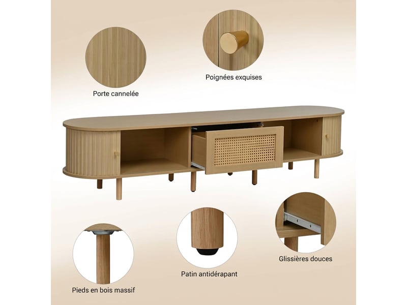 Meuble tv bois clair 180 cm avec portes coulissantes, finition effet rotin, pour tv jusqu'à 75 pouces - Conforama E