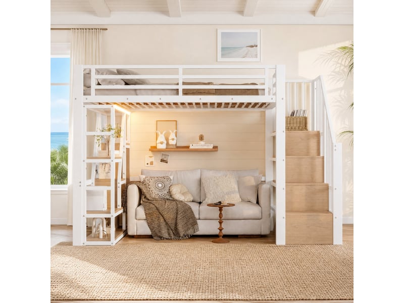  Lit mezzanine 90x200 cm avec rangement et led multicolore en métal et mdf blanc  - Conforama C