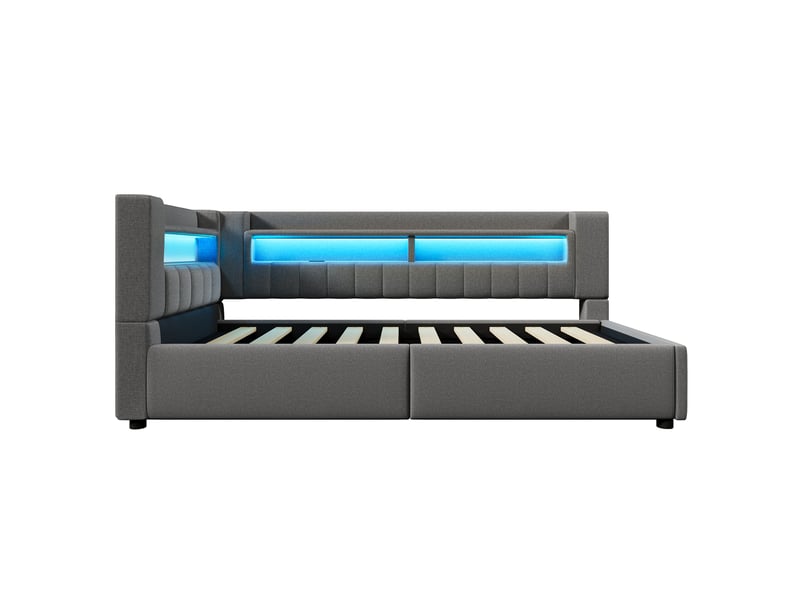Lit banquette gris 90x200 cm avec coffre hydraulique, led, usbtype-c, lin, minimaliste - Conforama A