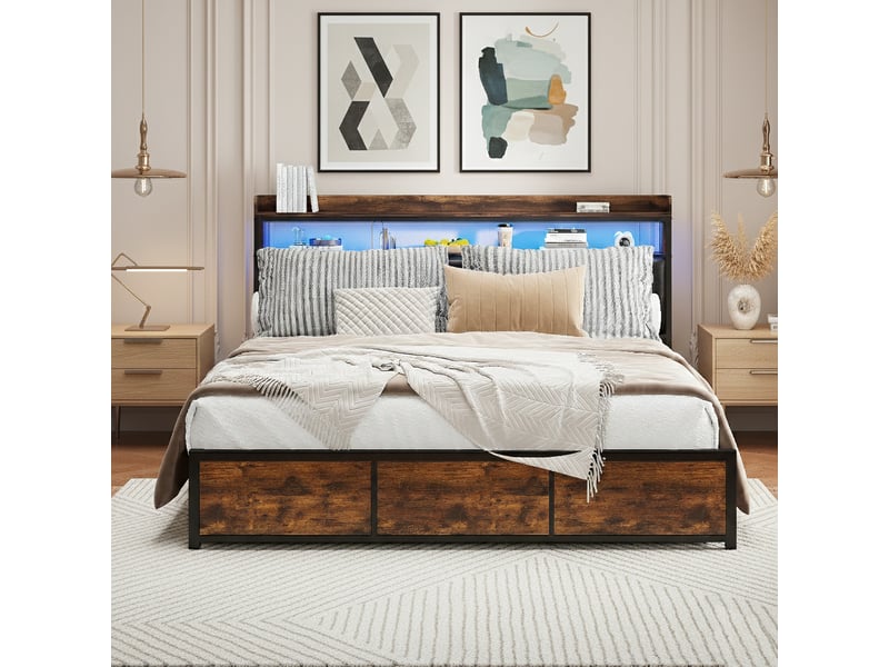  Cadre de lit 140x200cm en métal, lit avec sommier à lattes et 4 tiroirs, tête de lit avec rangement et éclairage led, lit capitonné pour adultes et adolescent  - Conforama B
