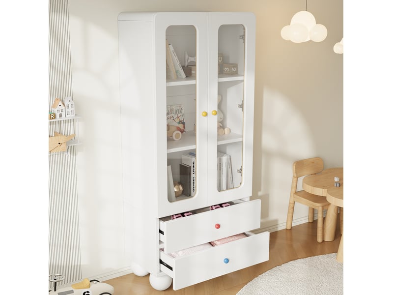 Bibliothèque vitrée 2 portes, 2 tiroirs, étagères, poignées céramique, chambre enfant, blanc, 60 × 35 × 140 cm - Conforama D