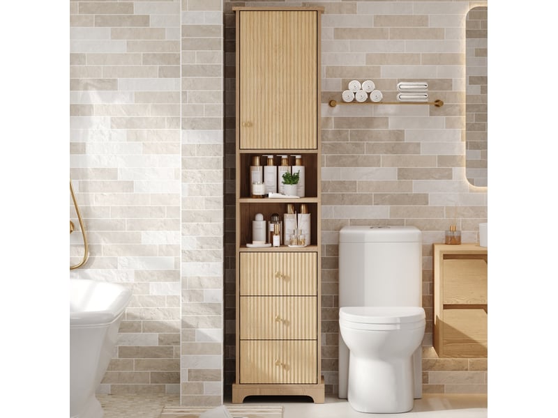  Meuble de salle de bain 40x30x172 cm, armoire de rangement, 3 tiroirs, design moderne et simple, mdf, couleur naturel  - Conforama B