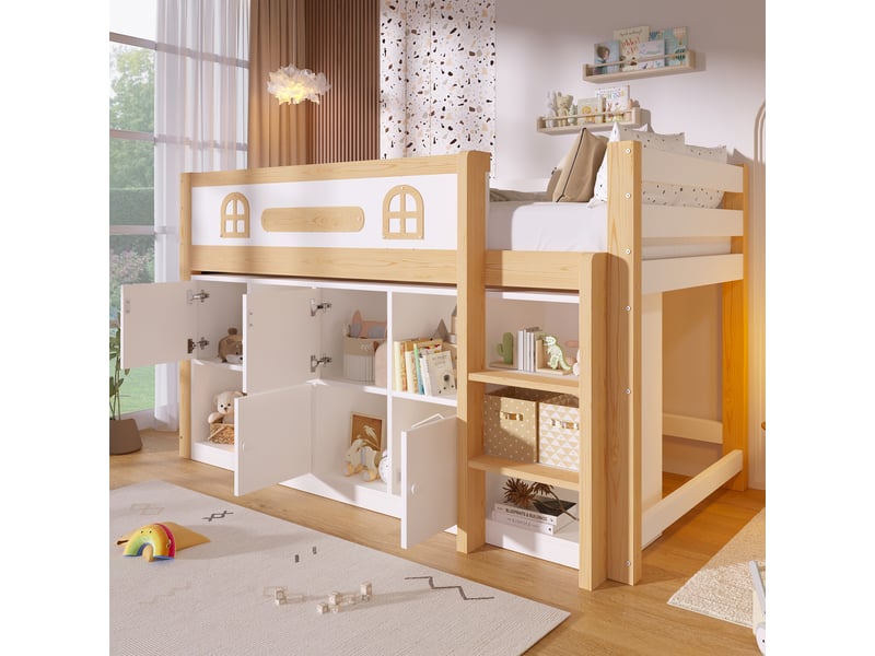  Lit mezzanine, 90 × 200 cm, blanc et naturel, mdf et pin, rangements, échelle, tableau à craie, sans matelas, design fonctionnel  - Conforama D