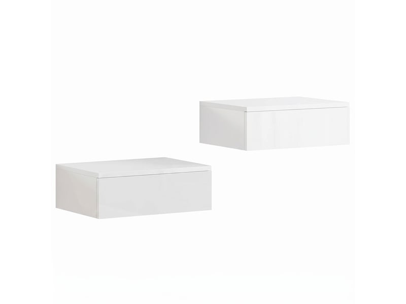  Lot de deux tables de chevet murales avec 1 tiroir chacune, mélaminées, façades blanc brillant, 40 x 30 x 14 cm  - Conforama A