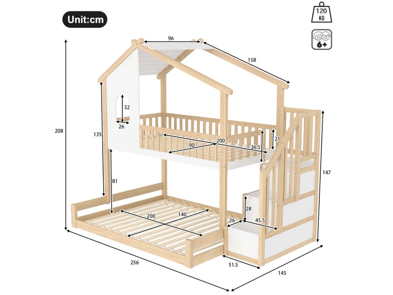  Modenvie lit superposé 90x200 cm + 140x200 cm - cabane avec fenêtre, échelle de rangement - naturel  - Conforama C