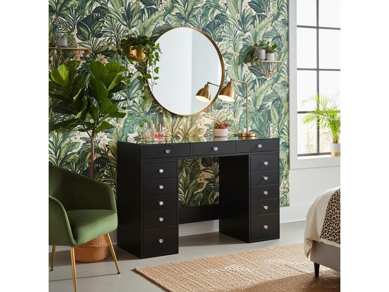 Coiffeuse moderne avec 13 tiroirs et plateau en verre transparent l120cm probeauty noir Probeauty - Conforama E