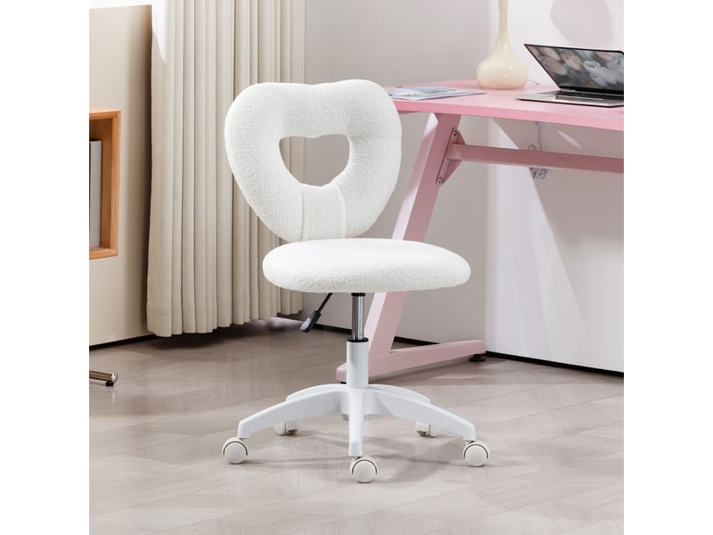  Chaise de bureau rembourrée avec dossier en forme de cœur et roulettes, en velours peluche et plastique, 45 x 56 x 78-88 cm, blanche  - Conforama C