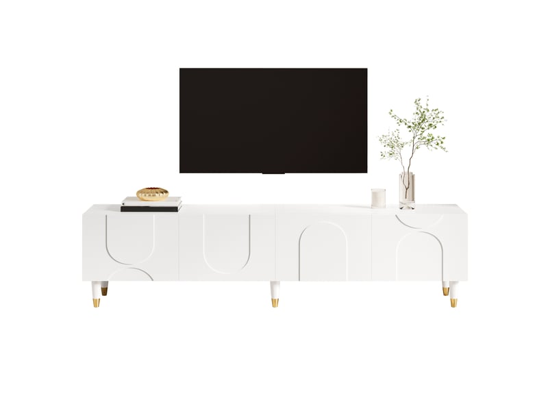  Meuble tv 180x40x50 cm, 4 portes, passe-câbles, façades texturées, pieds bois, grand rangement, lowboard moderne pour salon - blanc  - Conforama A