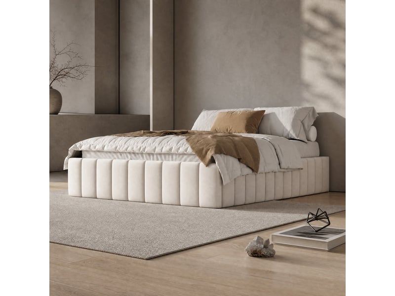 Lit avec tiroirs double 140×200 cm, 4 tiroirs, rangement  - sans matelas, velours - beige  - Conforama C