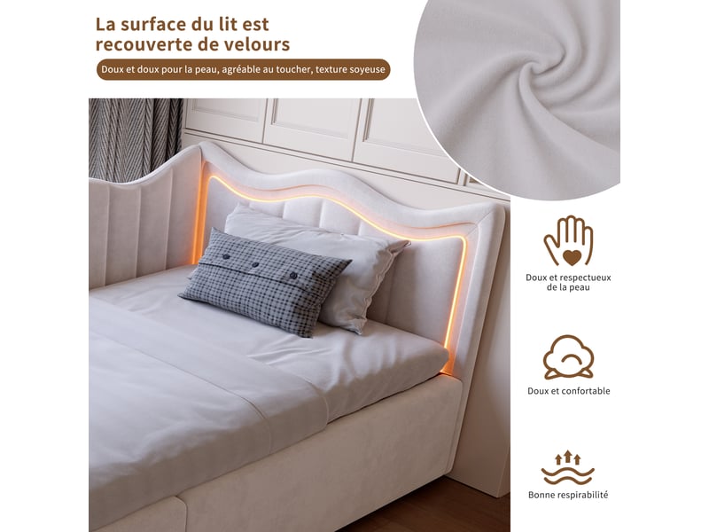 Canapé lit ado 90x200 avec rangement sous lit, lit banquette avec led lit simple avec cadre de lit à lattes et tête de lit rembourrée beige velours, sans matelas - Conforama E