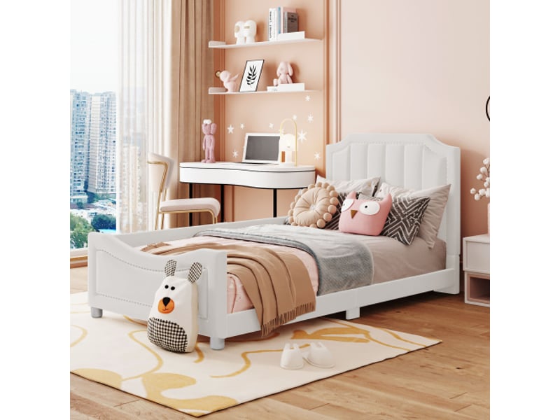  Lit enfant 90x200 cm, avec tête de lit et 12 lattes, en bois, beige, sans matelas  - Conforama B