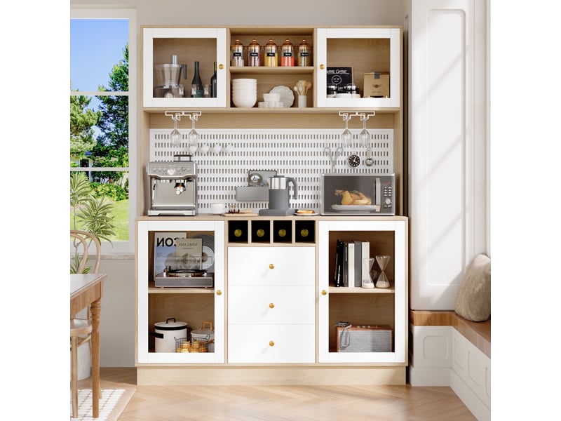  Armoire de cuisine, rangement bouteilles et verres, avec éclairage led, coloris blanc, pour salon, design moderne, pour intérieur  - Conforama W