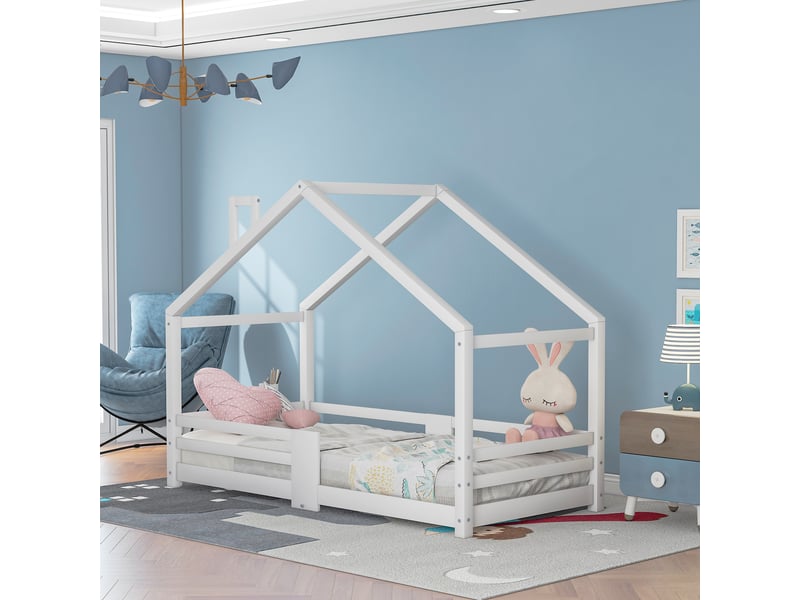  Lit cabane enfant 90x200cm, sommier, décoration de la cheminée de toit,protection, bois, blanc, sans matelas  - Conforama R