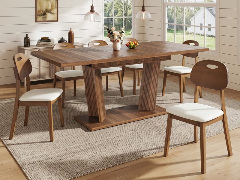  Ensemble table extensible et 6 chaises effet bois massif – dossier ovale, assise rembourrée, pieds antidérapants réglables – marron foncé  - Conforama B