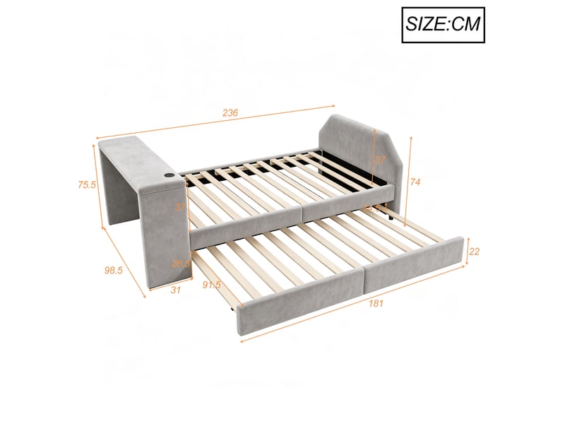  Lit gigogne enfant modenvie 90 x 200 cm avec bureau intégré et port usb en velours gris  - Conforama C