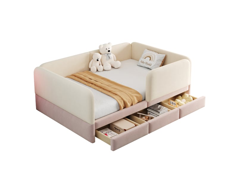  Lit enfant rembourré 140 x 200 cm beige et rose avec 3 tiroirs de rangement  - Conforama A