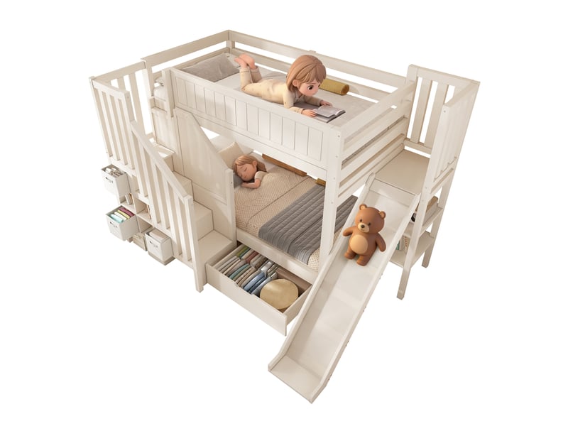 Lit superposé pour enfants 90 × 200 cm avec toboggan, escalier de rangement, grands tiroirs et étagère ouverte, blanc, sommier à lattes - Conforama A