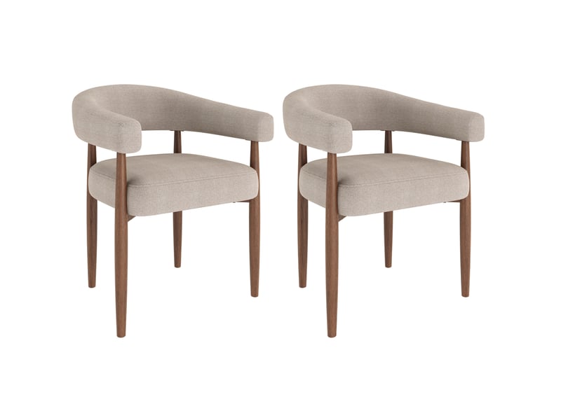  Lot de 2 chaises de salle à manger avec accoudoirs, tissu chenille taupe, métal aspect noyer, style moderne  - Conforama A