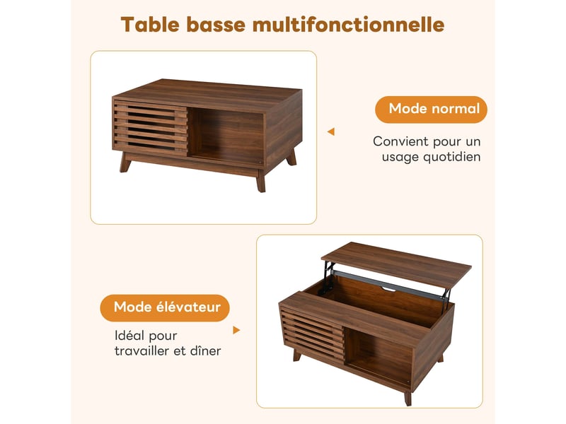  Table basse rétro moderne, plateau réglable en hauteur, porte coulissante à persiennes, aspect noyer, structure en mdf, table de salon multifonctionnelle  - Conforama D