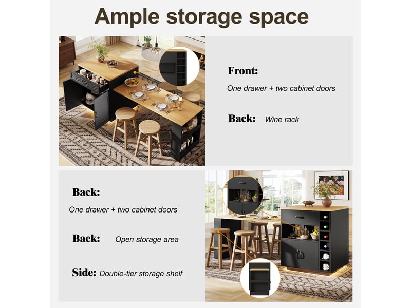  Îlot de cuisine 80x70x95,5 cm extensible mdf métal noir  - Conforama D