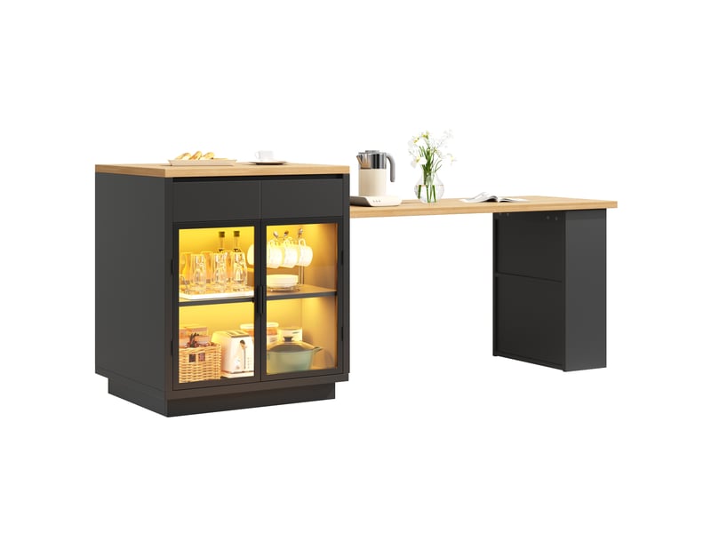  Îlot de cuisine extensible, 122 × 59 × 94 cm, 2 portes et 2 tiroirs, mdf, noir, plateau extensible de 122 à 194,5 cm  - Conforama A