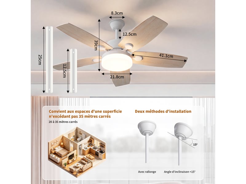  Ventilateur de plafond avec led - 42 pouces - 5 pales en contreplaqué, silencieux  - style moderne - bois naturel  - Conforama D