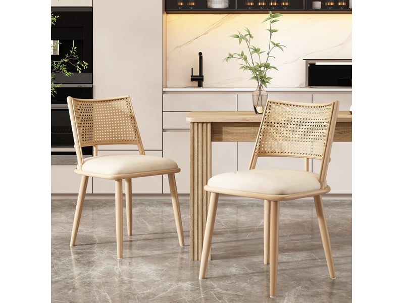  Lot de 4 chaises 50x48x80 cm, chaises de salle à manger, assise en pu, dossier en rotin, métal, beige et brun  - Conforama E