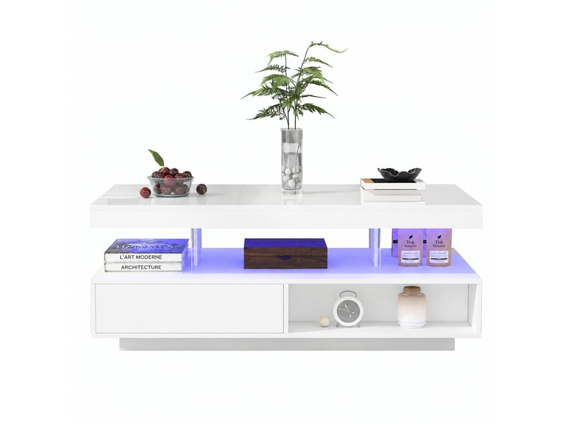  Table basse blanche brillante 95 x 50 x 42,5 cm, led bluetooth, 2 tiroirs, verre, blanc  - Conforama A
