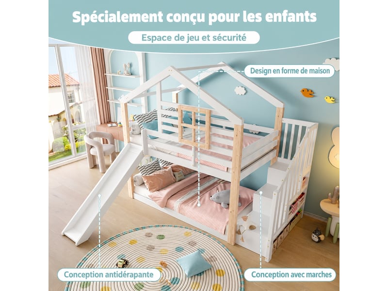  Lit superposé enfant avec toboggan et escalier, 90 x 200 cm, bois blanc  - Conforama W