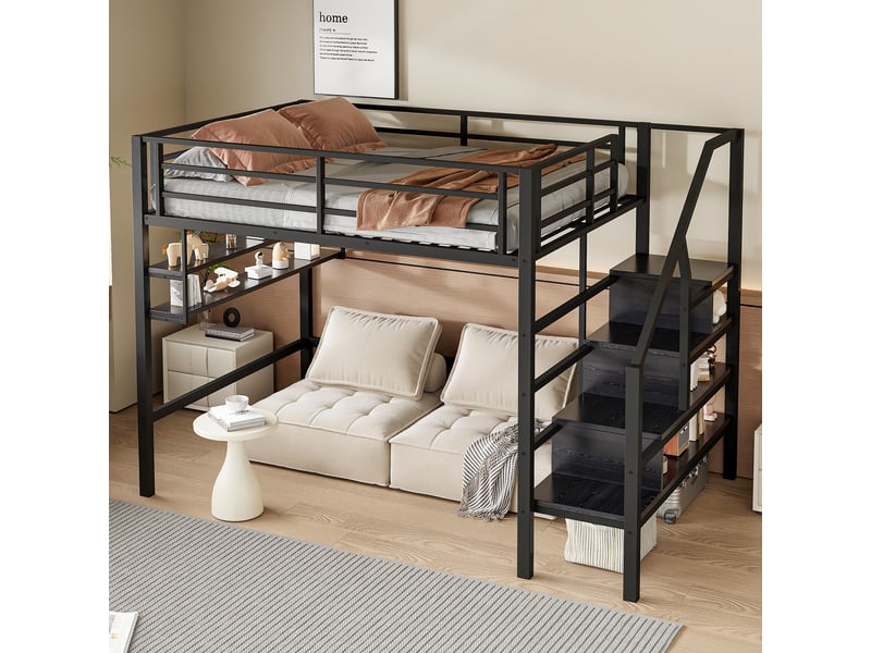  Lit mezzanine enfant 140 x 200 cm avec étagères et échelle de rangement, structure en métal et mdf, noir  - Conforama B