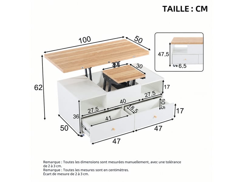  Table basse relevable hydraulique, extensible, 4 tiroirs, roulettes, 100 x 50, blanc et effet noyer  - Conforama E