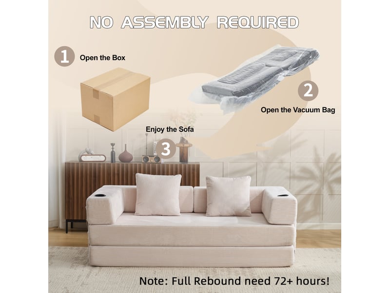  Canapé convertible pliable avec porte-gobelets et poches latérales, dossier rabattable en velours côtelé blanc  - Conforama E
