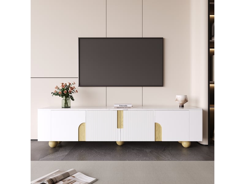  Meuble tv blanc 180 cm, 4 portes, effet marbre, pieds sphériques en bois, design élégant  - Conforama B