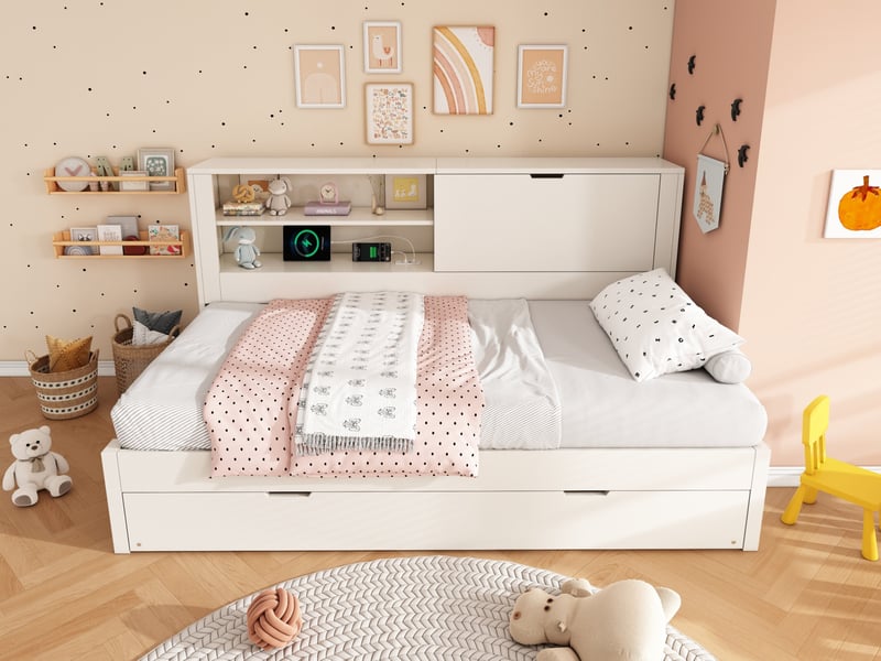  Lit banquette gigogne 90 × 190 cm, 2 couchages, niches et rangement rabattable, ports usb et usb-c, sommier, blanc  - Conforama B