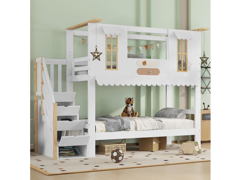  Lit superposé enfant 90x200 cm avec escalier de rangement, blanc et naturel  - Conforama D